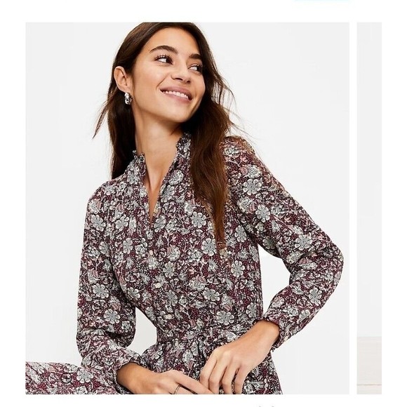 NWT Loft Floral Ruffle Shirtdress Button Down Tie Belt Size Large - Picture 2 of 16